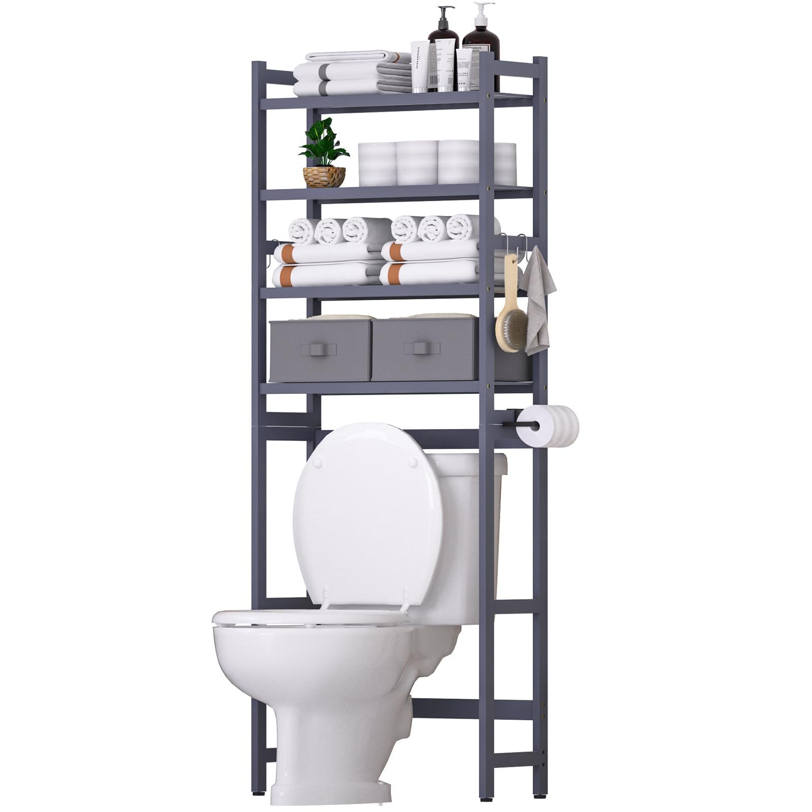 Cozivolife Over The Toilet Storage with 2 Baskets,4-Tier Bamboo Over Toilet Organizer Rack with Paper Holder & 4 Hooks & Waterpr