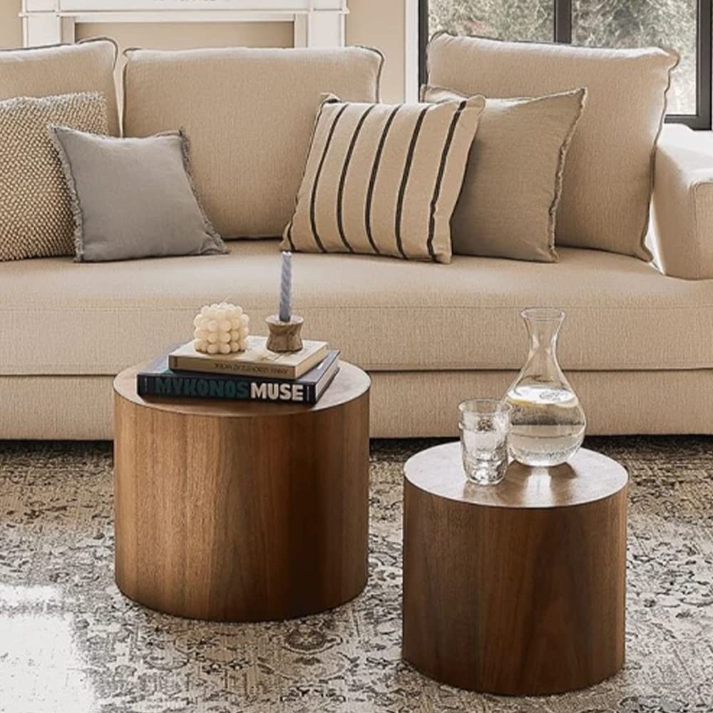 WILLIAMSPACE Nesting Coffee Table Set of 2, Walnut Round Wooden Coffee Tables Modern Circle Table for Small Space Living Room Be