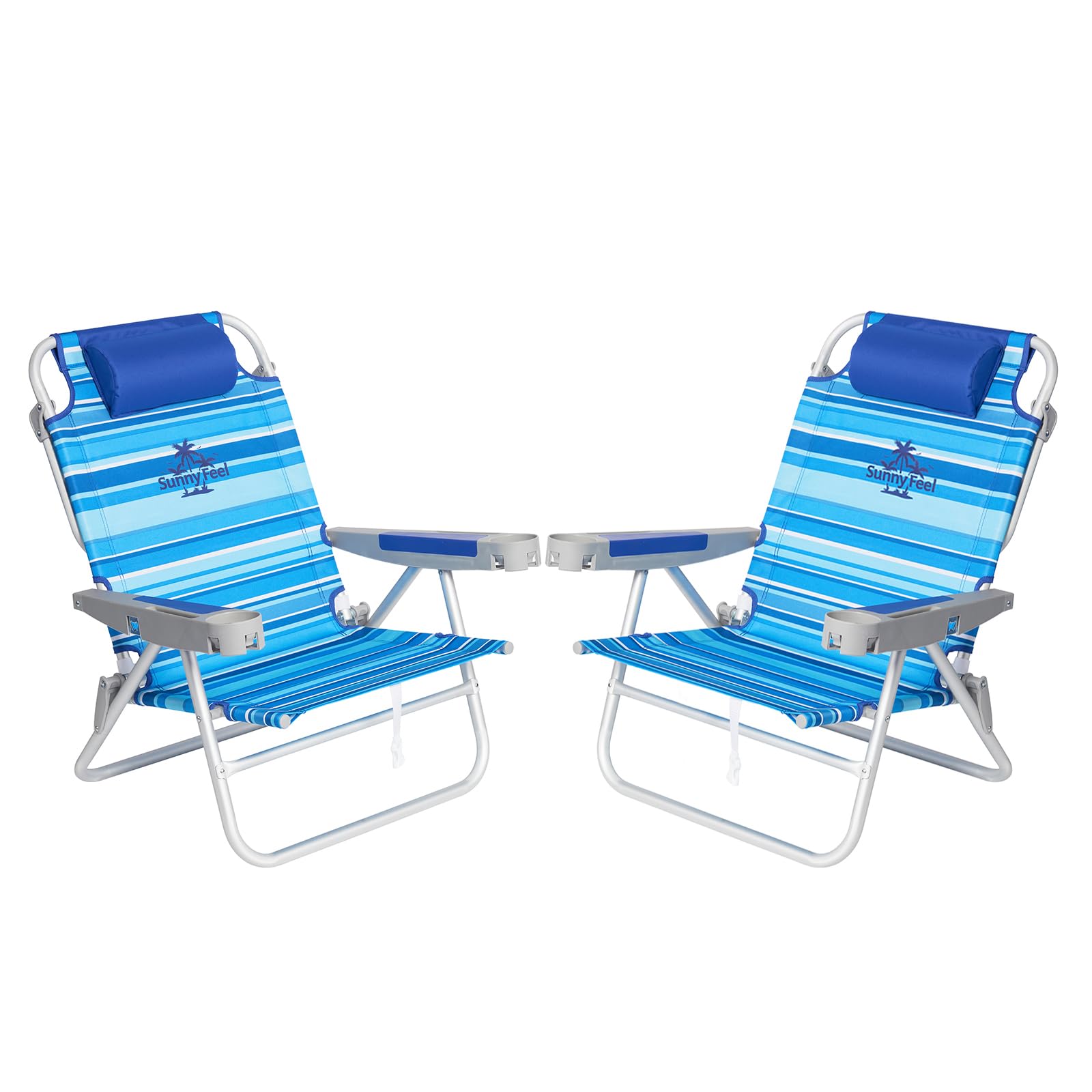 SUNNYFEEL Extra Wide 28 Low Beach Chair 2 Pack 5 Position Lay Flat, XL Oversized Portable Folding Camping Chairs with Cup Holder