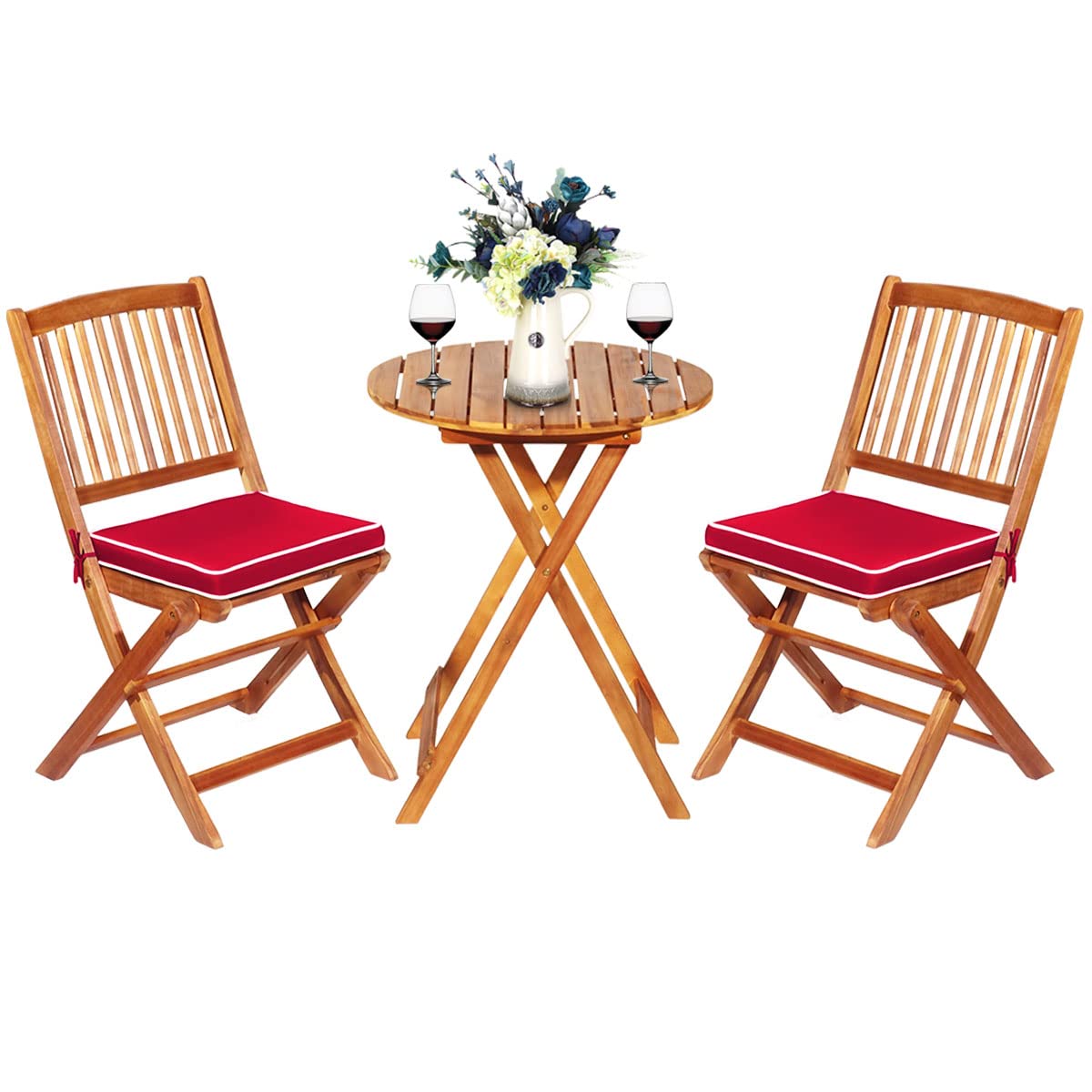 ORALNER 3-Piece Acacia Wood Folding Patio Bistro Set, Small Outdoor Balcony Furniture, Round Coffee Table and 2 Chairs with Soft