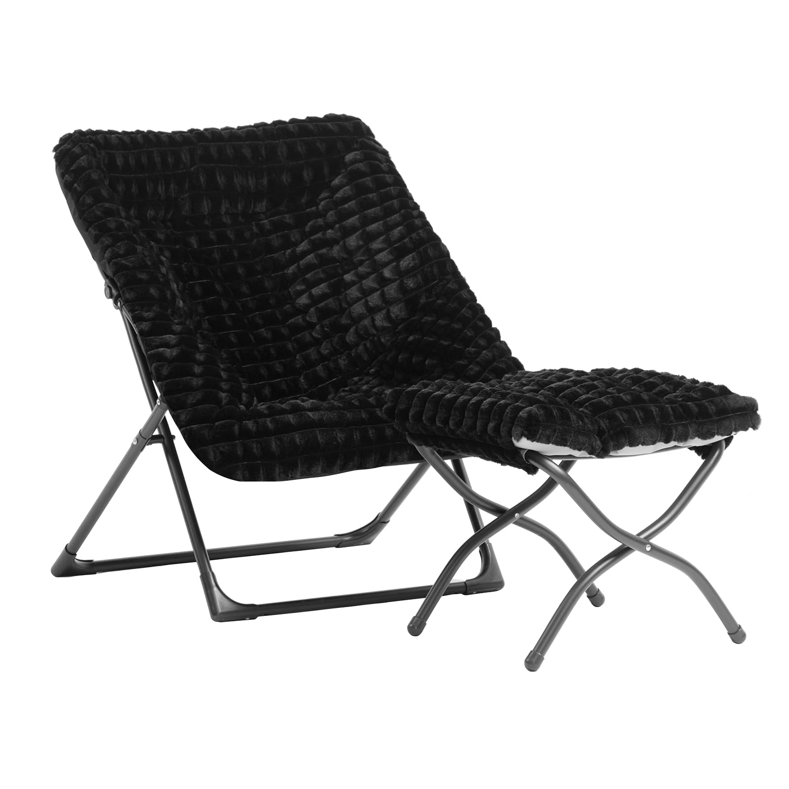 HollyHOME X-Large Saucer Chair with Foldable Ottoman, Comfy Oversized Folding Chair and Folding Footrest Stool Set, Faux-Fur Rea
