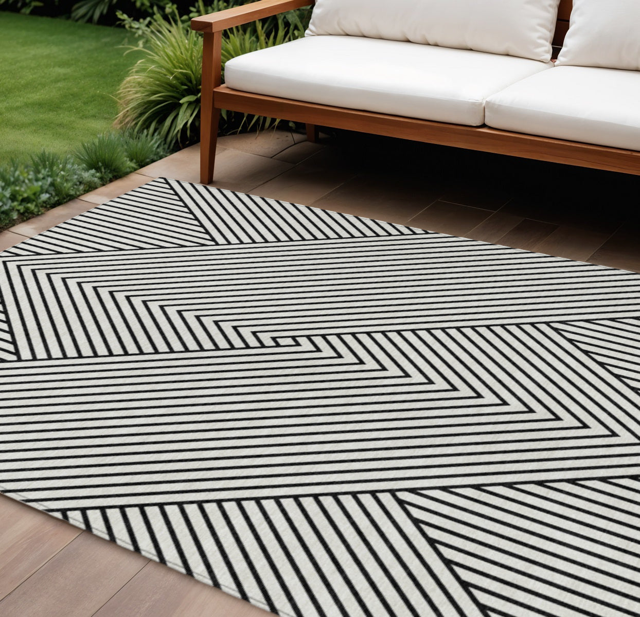 9 X 12 White And Black Geometric Washable Indoor Outdoor Area Rug