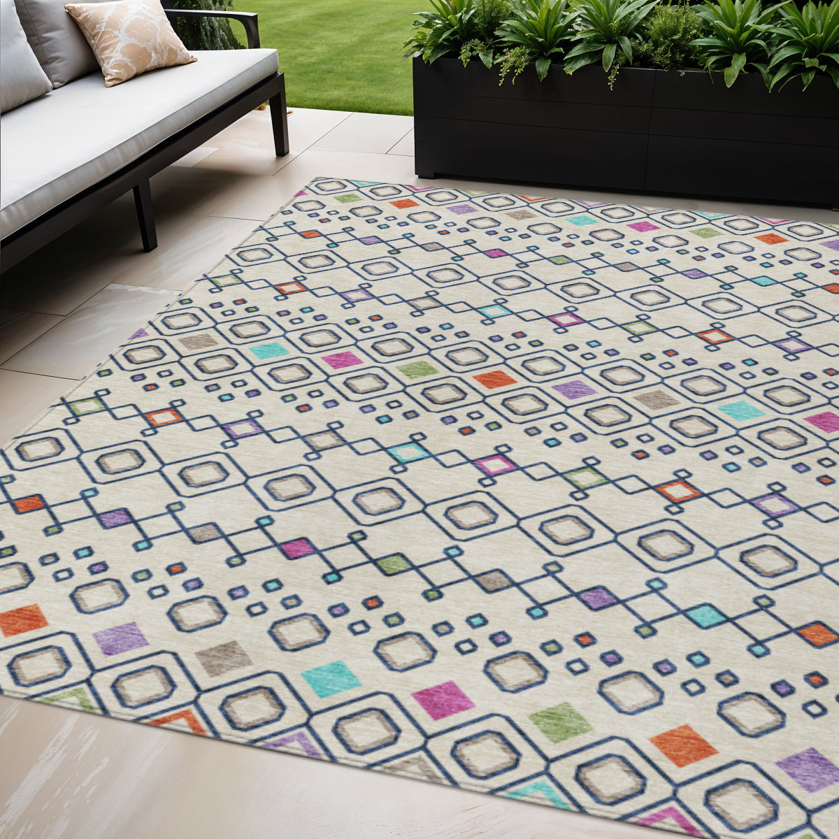 5 X 8 Linen Pink And Orange Geometric Washable Indoor Outdoor Area Rug
