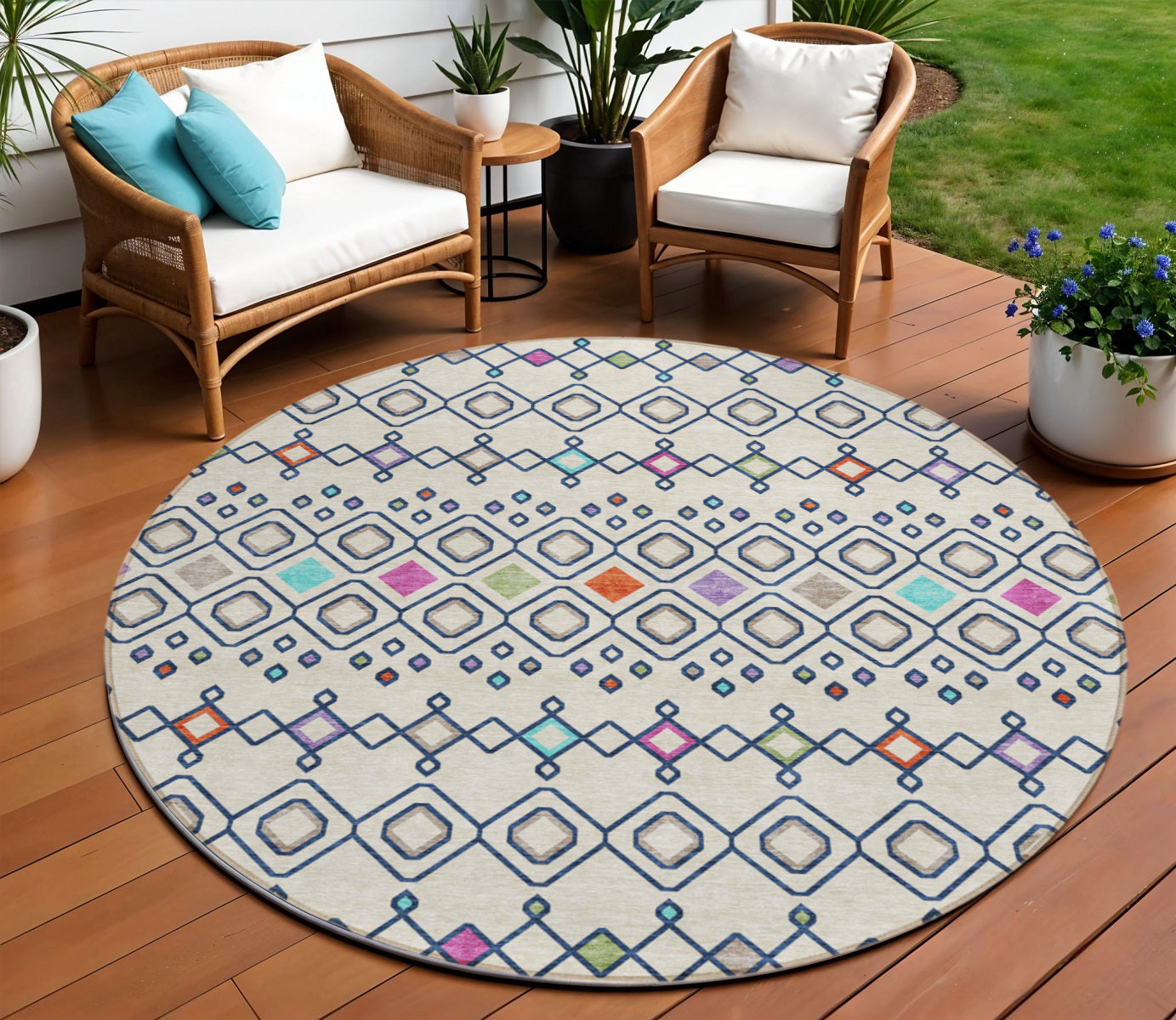 8 Linen Pink And Orange Round Geometric Washable Indoor Outdoor Area Rug