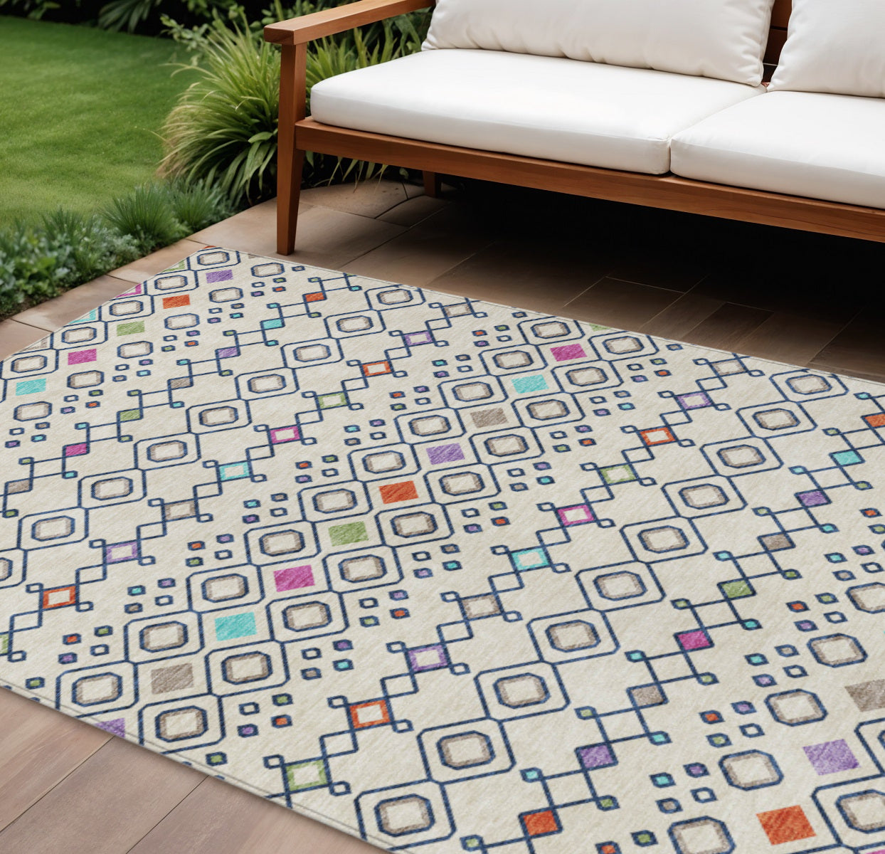 10 X 14 Linen Pink And Orange Geometric Washable Indoor Outdoor Area Rug