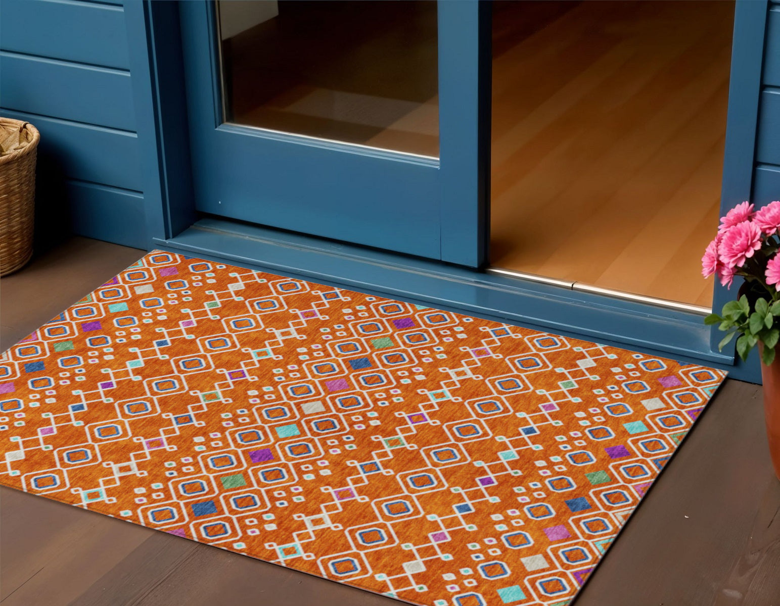 3 X 5 Orange Blue And Purple Geometric Washable Indoor Outdoor Area Rug