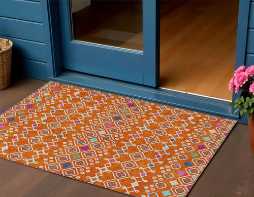 3 X 5 Orange Blue And Purple Geometric Washable Indoor Outdoor Area Rug