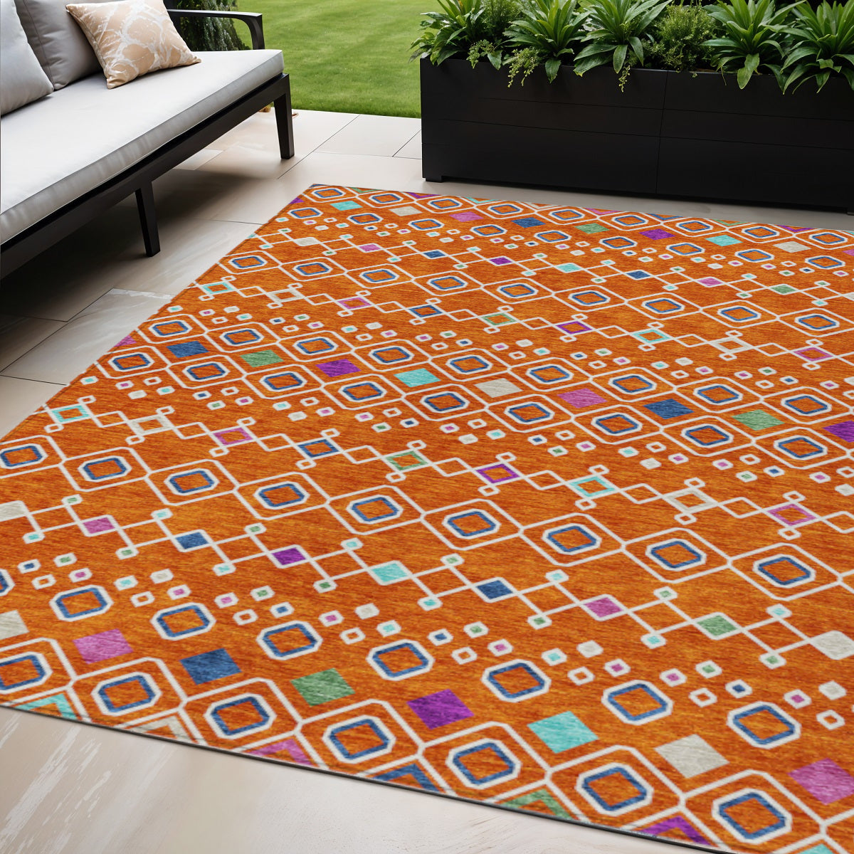 5 X 8 Orange Blue And Purple Geometric Washable Indoor Outdoor Area Rug