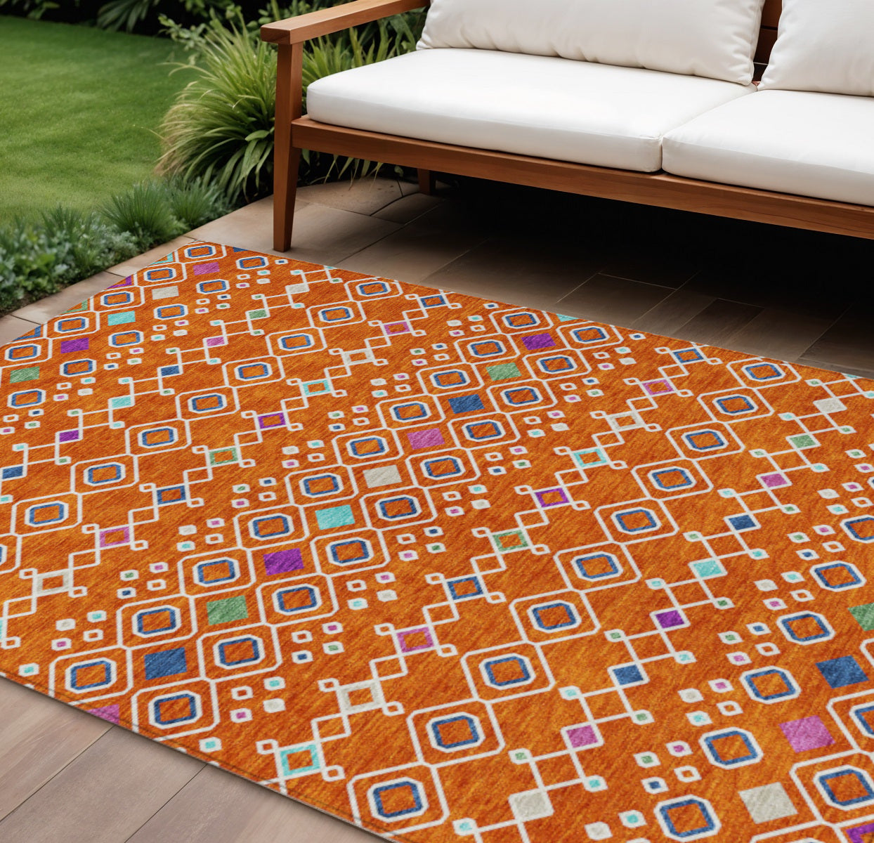 10 X 14 Orange Blue And Purple Geometric Washable Indoor Outdoor Area Rug