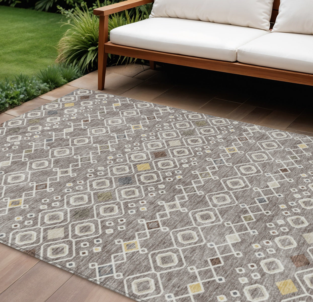 8 X 10 Taupe Gray And Gold Geometric Washable Indoor Outdoor Area Rug