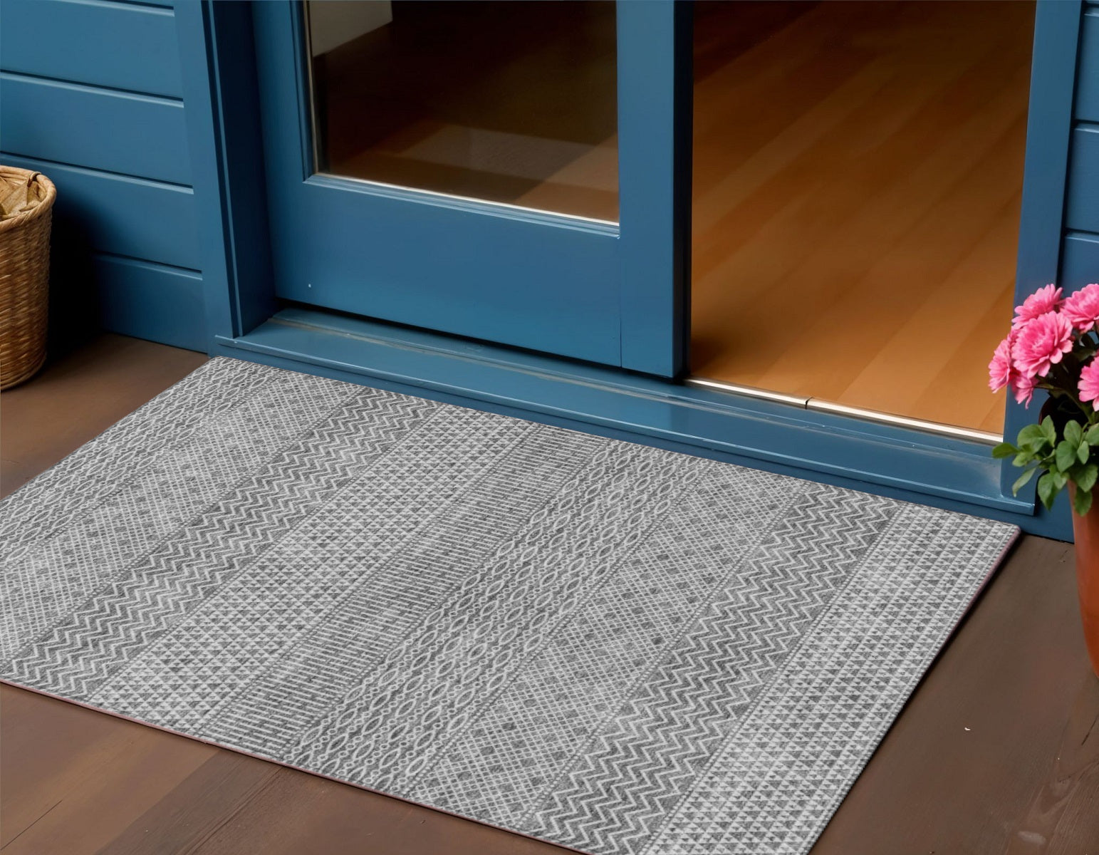 3 X 5 Gray And Silver Chevron Washable Indoor Outdoor Area Rug