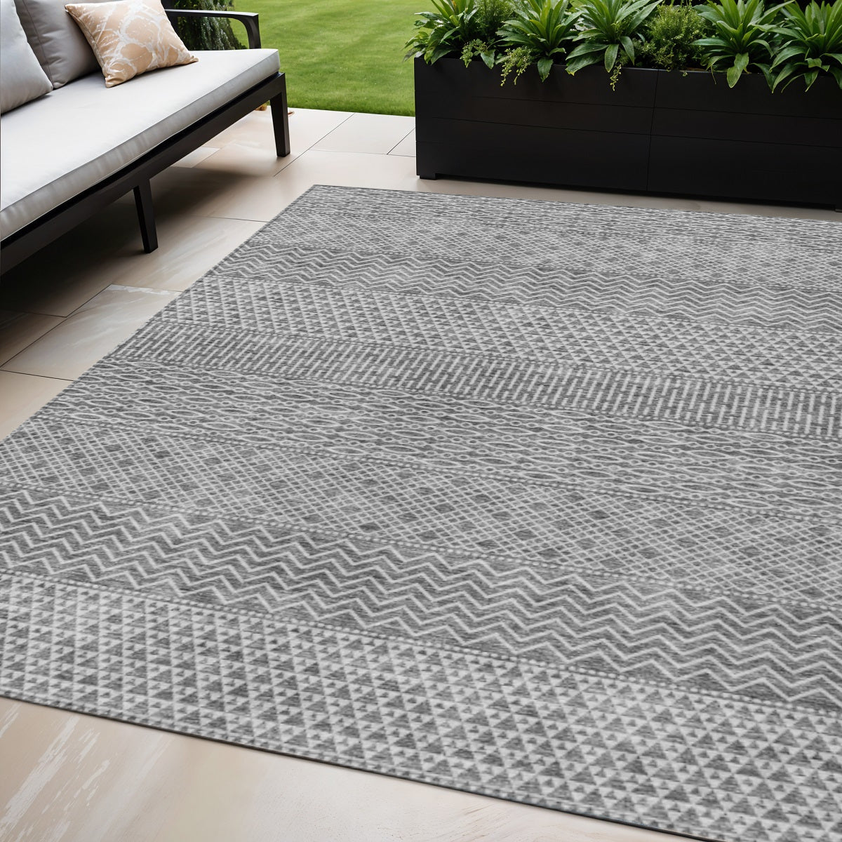 5 X 8 Gray And Silver Chevron Washable Indoor Outdoor Area Rug