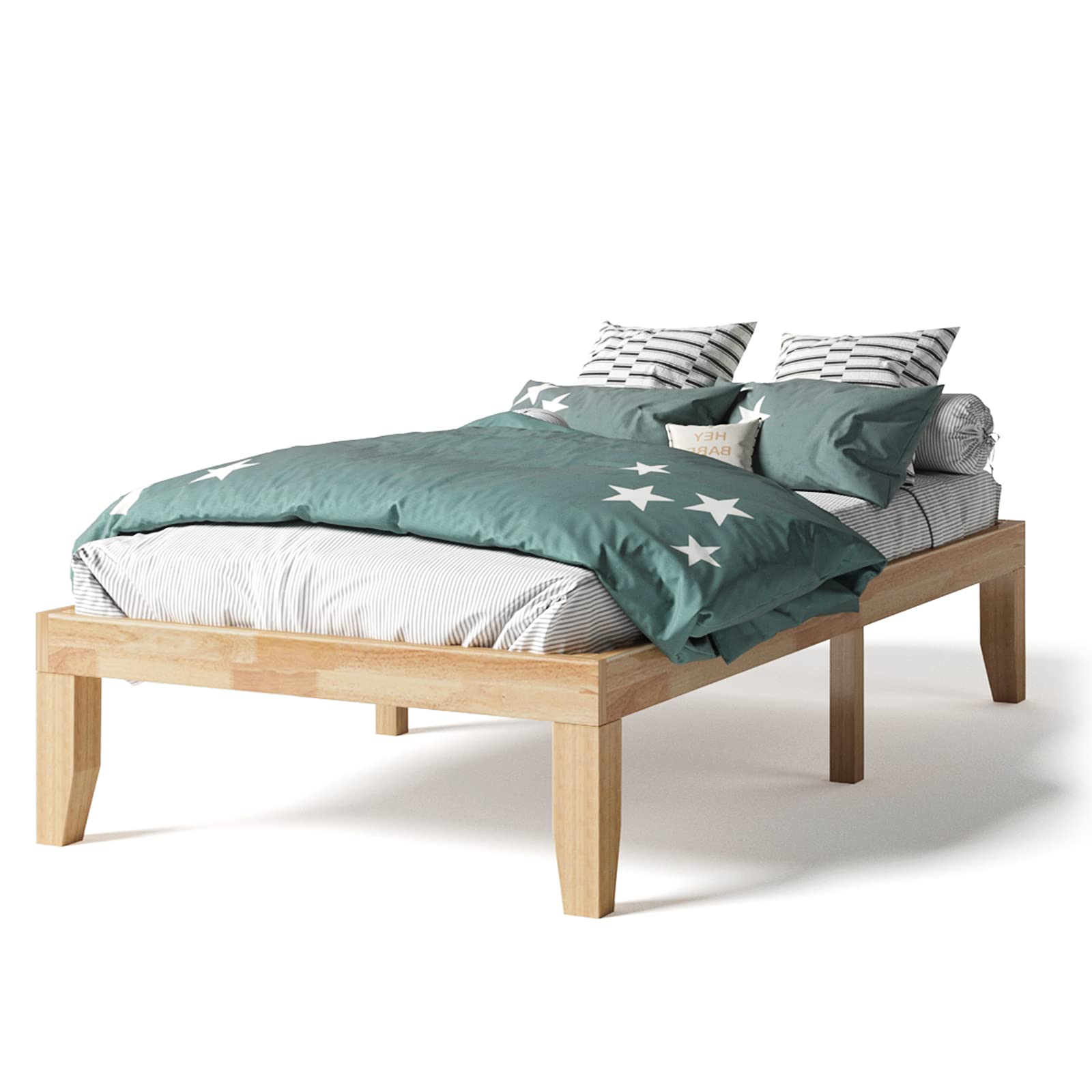 KOTEK 14 Solid Wood Platform Bed Frame, Mattress Foundation w/Wooden Slats Support, Rubber Wood Bed Base, No Box Spring Needed, 
