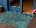 3 X 5 Teal Blue Navy Blue And Brown Abstract Washable Indoor Outdoor Area Rug