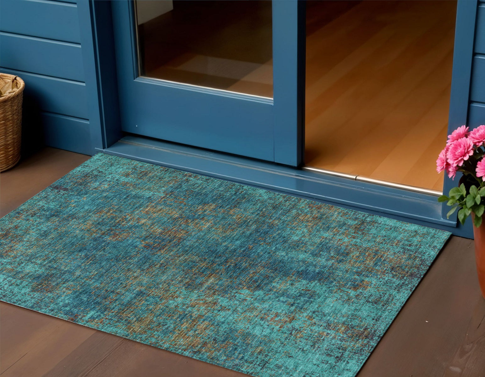 3 X 5 Teal Blue Navy Blue And Brown Abstract Washable Indoor Outdoor Area Rug