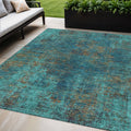 5 X 8 Teal Blue Navy Blue And Brown Abstract Washable Indoor Outdoor Area Rug