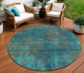 8 Teal Blue Navy Blue And Brown Round Abstract Washable Indoor Outdoor Area Rug