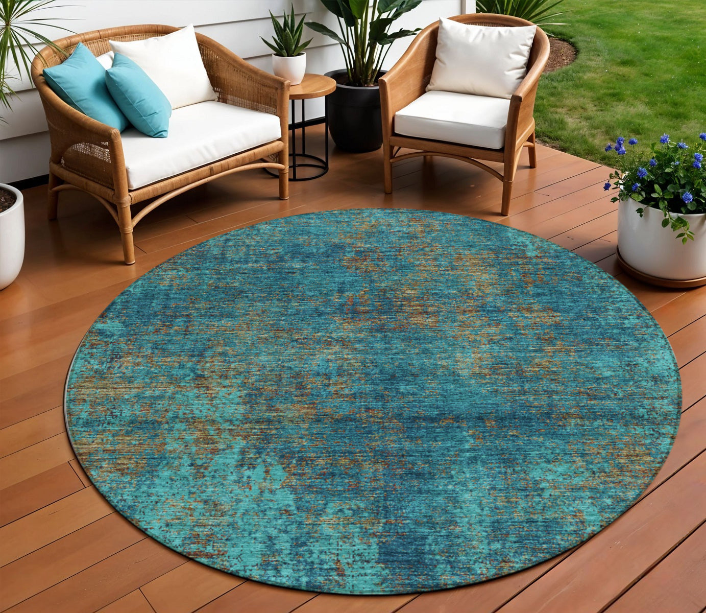 8 Teal Blue Navy Blue And Brown Round Abstract Washable Indoor Outdoor Area Rug