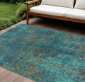 10 X 14 Teal Blue Navy Blue And Brown Abstract Washable Indoor Outdoor Area Rug