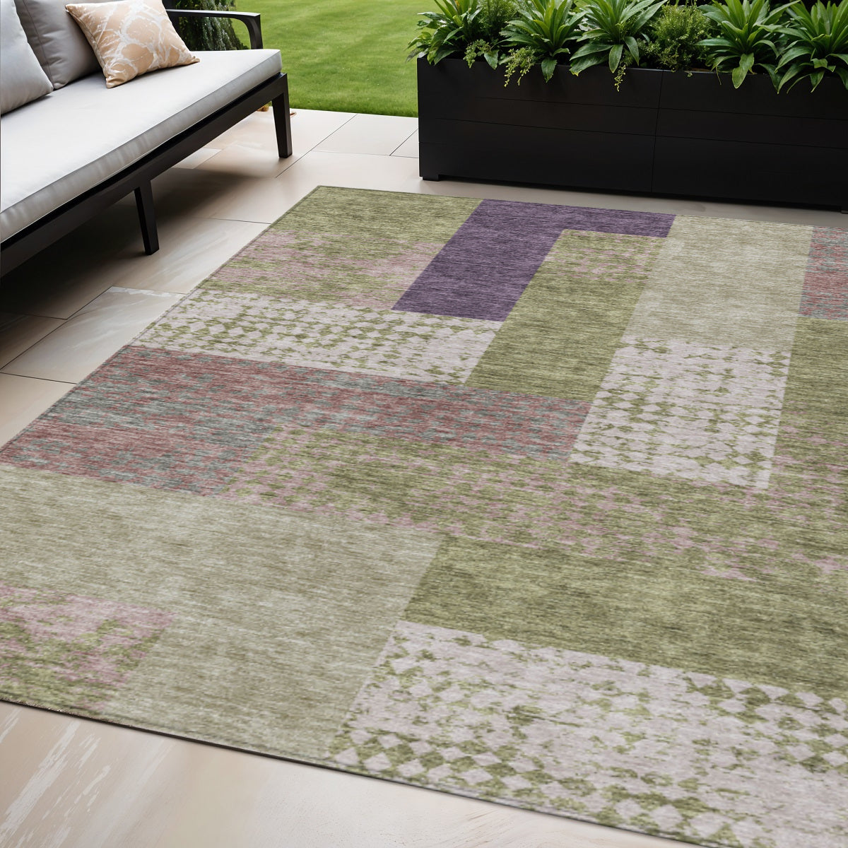 5 X 8 Green Purple And Pink Geometric Washable Indoor Outdoor Area Rug