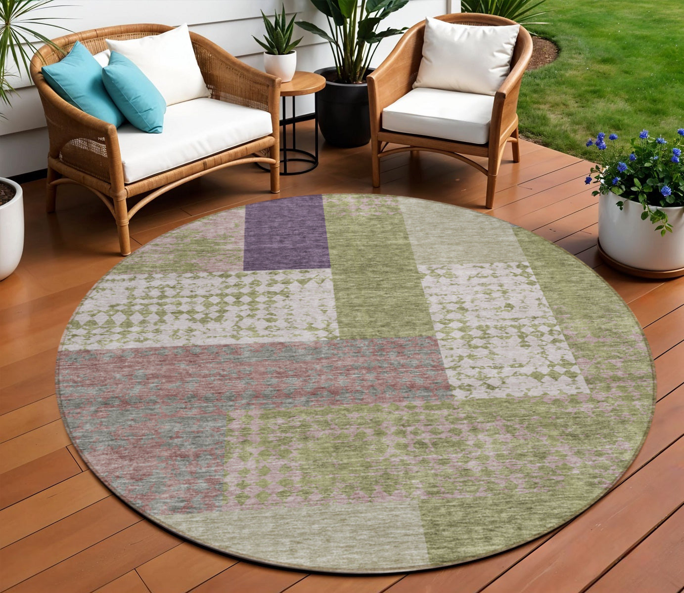 8 Green Purple And Pink Round Geometric Washable Indoor Outdoor Area Rug