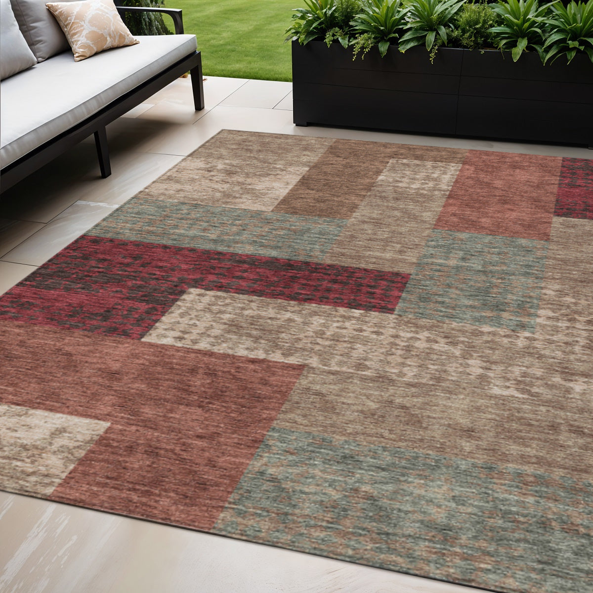 5 X 8 Brown And Terra Cotta Geometric Washable Indoor Outdoor Area Rug