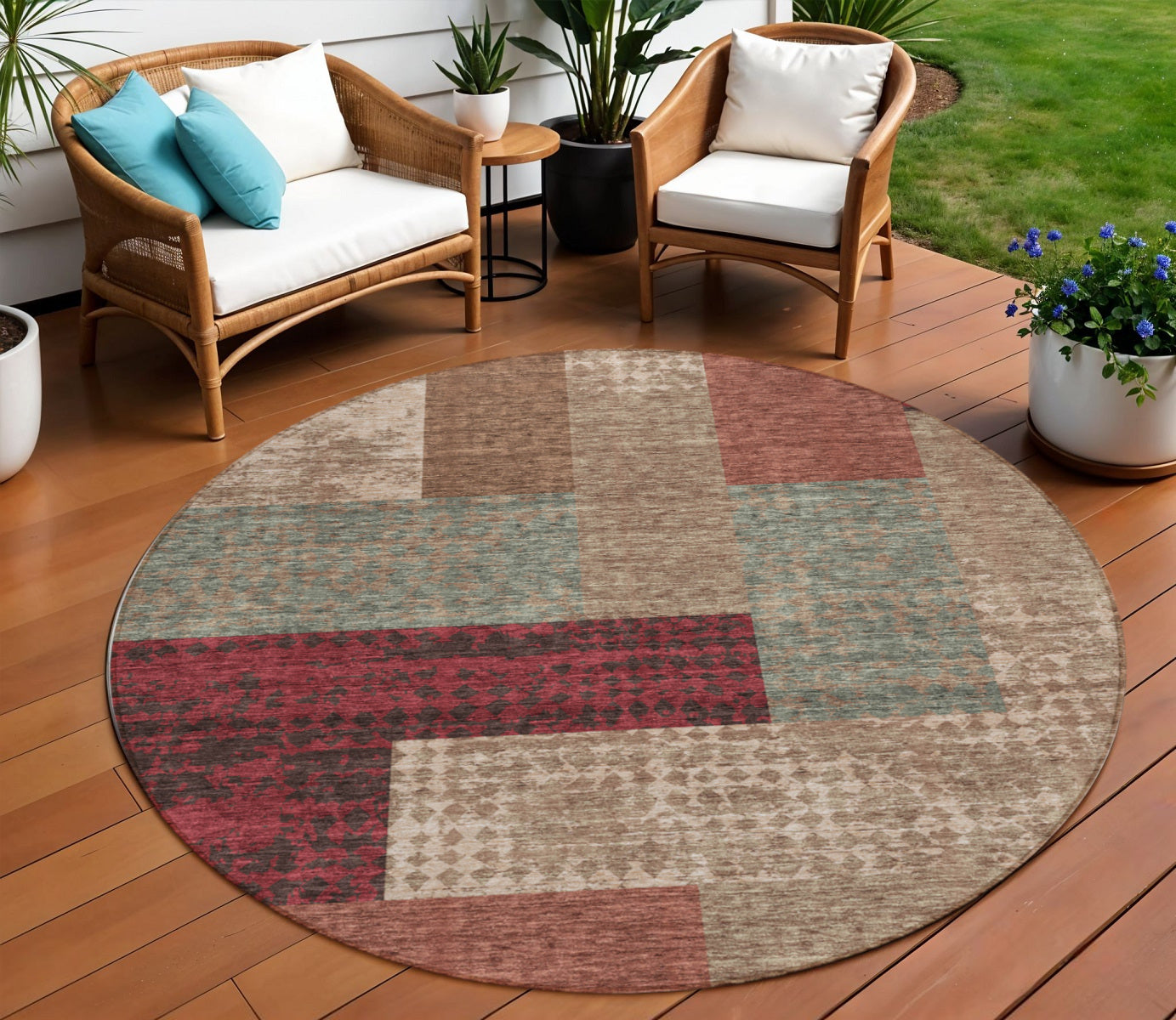 8 Brown And Terra Cotta Round Geometric Washable Indoor Outdoor Area Rug