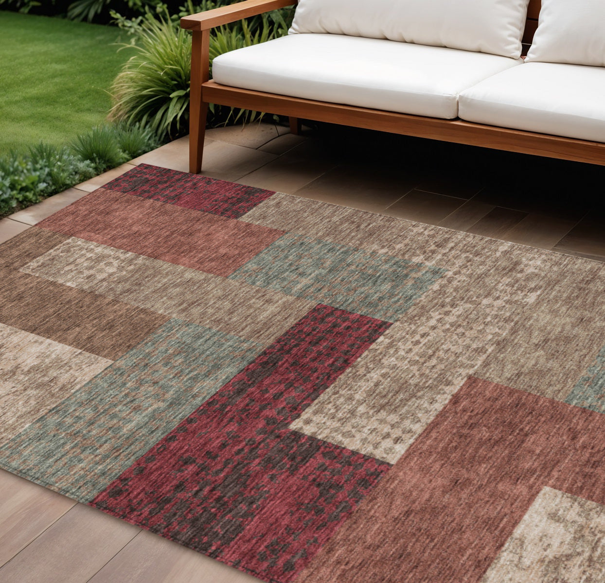 10 X 14 Brown And Terra Cotta Geometric Washable Indoor Outdoor Area Rug