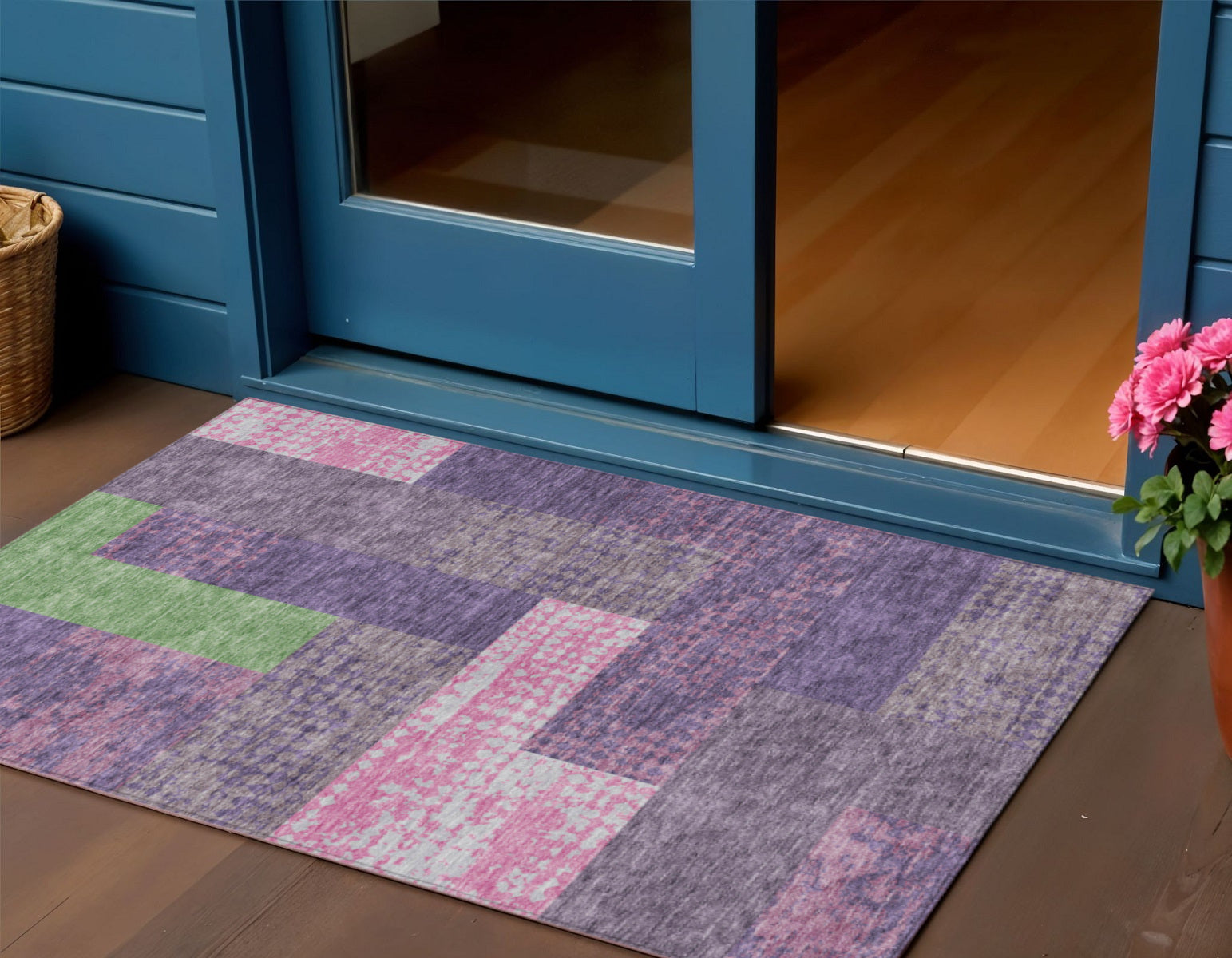3 X 5 Purple Green And Pink Geometric Washable Indoor Outdoor Area Rug