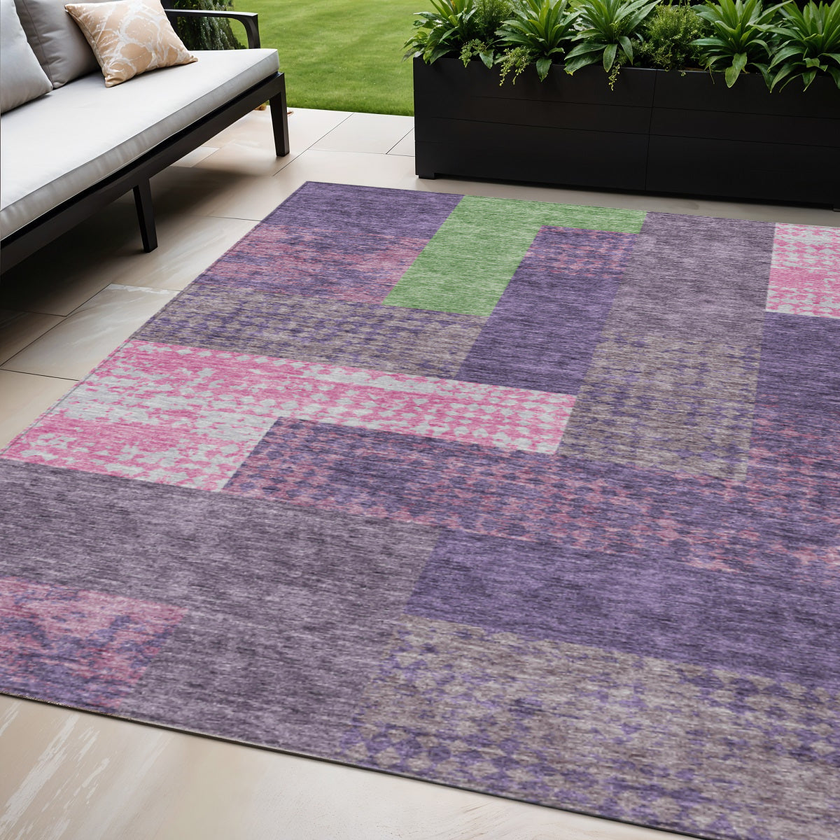 5 X 8 Purple Green And Pink Geometric Washable Indoor Outdoor Area Rug