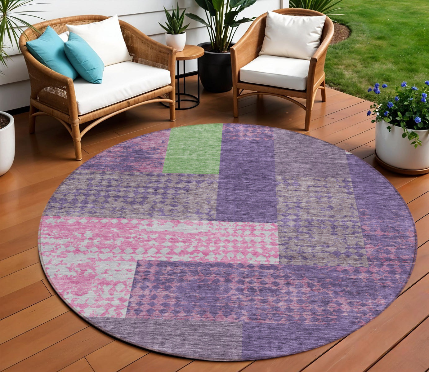 8 Purple Green And Pink Round Geometric Washable Indoor Outdoor Area Rug