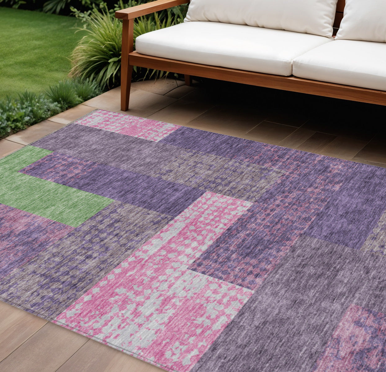 8 X 10 Purple Green And Pink Geometric Washable Indoor Outdoor Area Rug