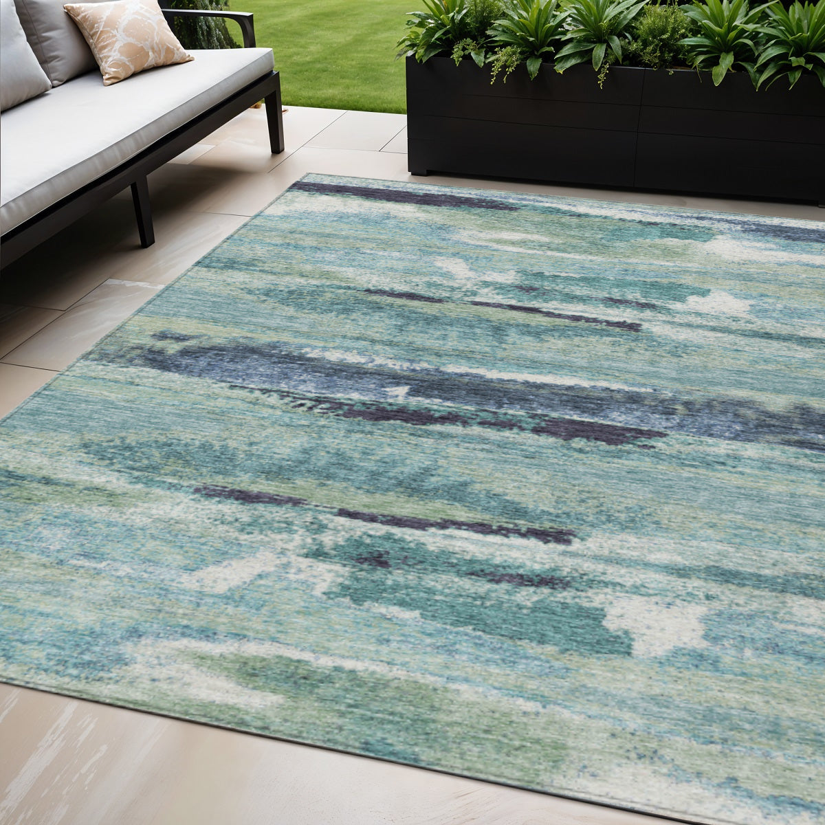 5 X 8 Sage Teal Blue And Navy Blue Abstract Washable Indoor Outdoor Area Rug