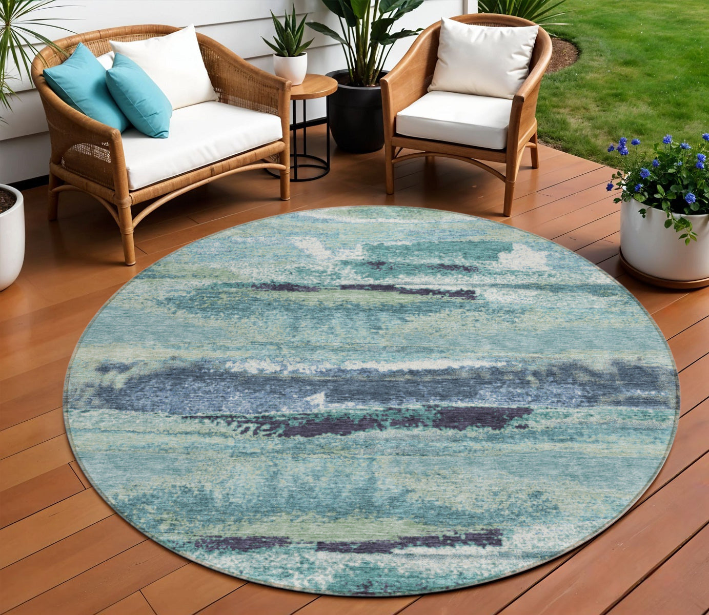 8 Sage Teal Blue And Navy Blue Round Abstract Washable Indoor Outdoor Area Rug