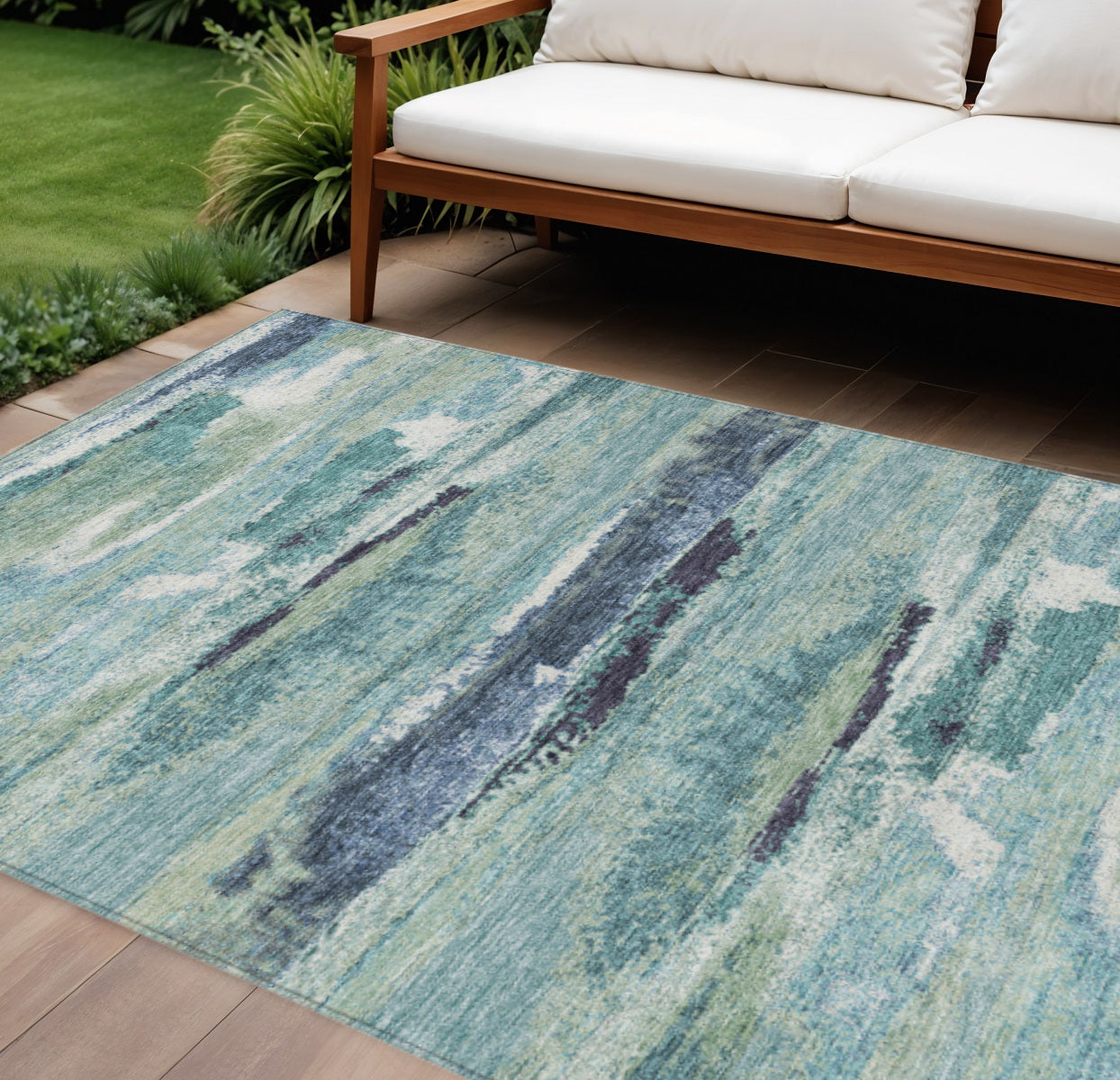 10 X 14 Sage Teal Blue And Navy Blue Abstract Washable Indoor Outdoor Area Rug