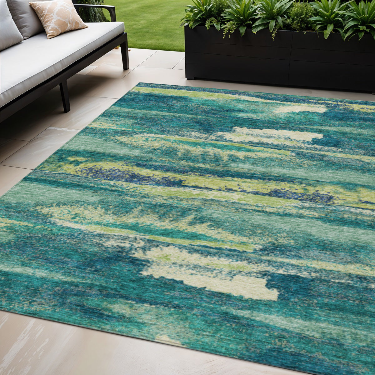 5 X 8 Emerald And Lime Green Abstract Washable Indoor Outdoor Area Rug