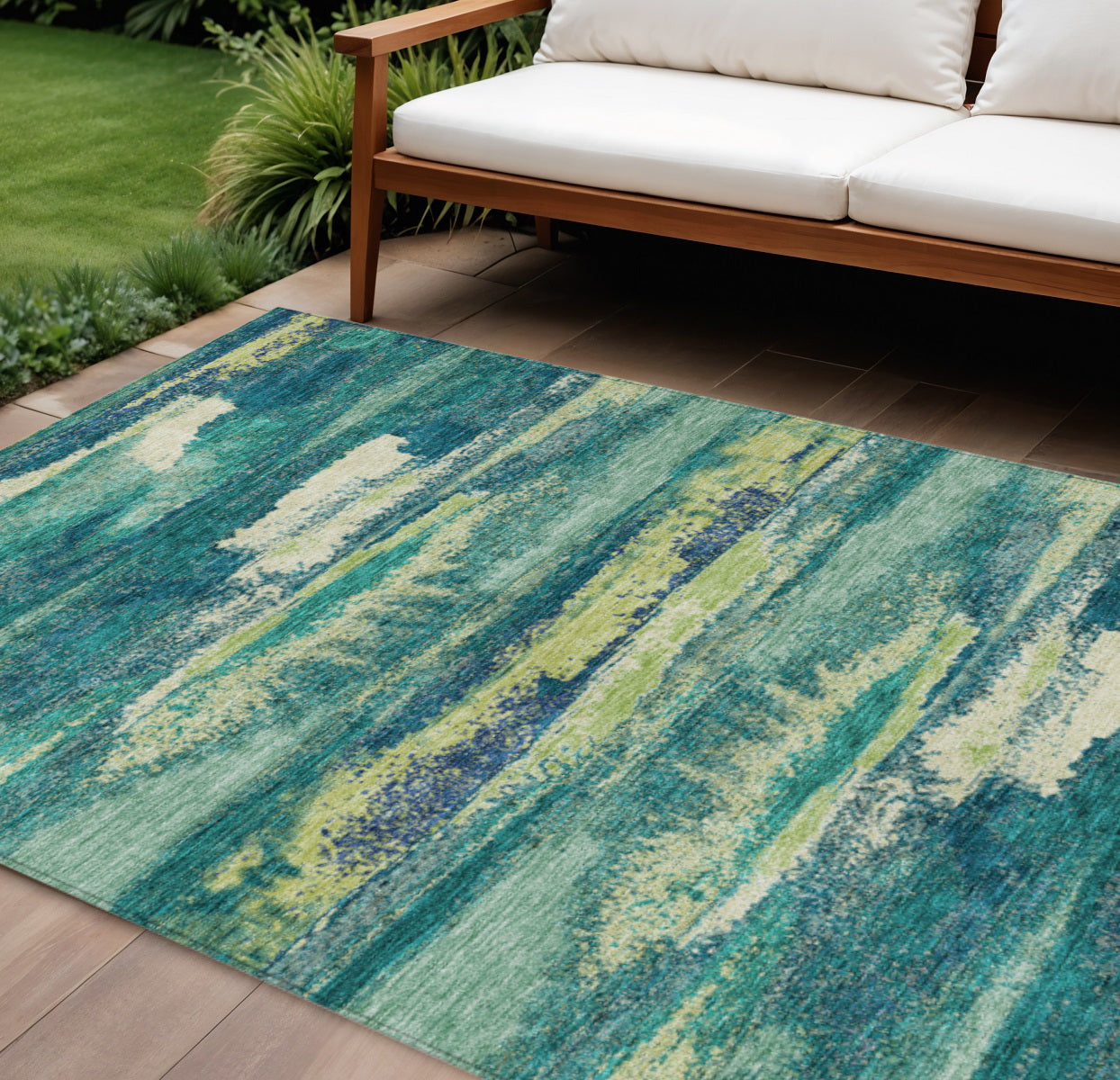 10 X 14 Emerald And Lime Green Abstract Washable Indoor Outdoor Area Rug