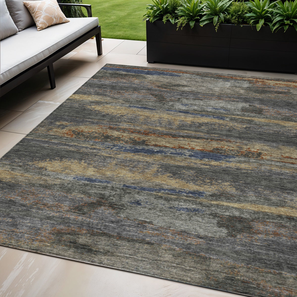 5 X 8 Graphite And Gray Abstract Washable Indoor Outdoor Area Rug