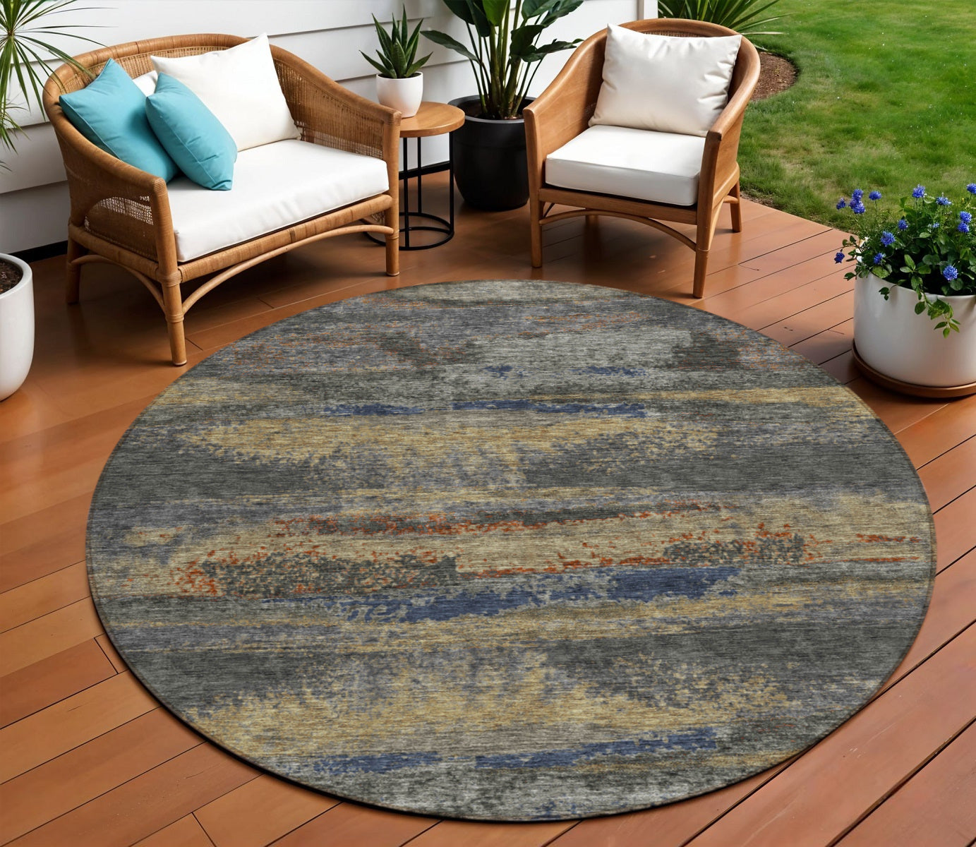 8 Graphite And Gray Round Abstract Washable Indoor Outdoor Area Rug