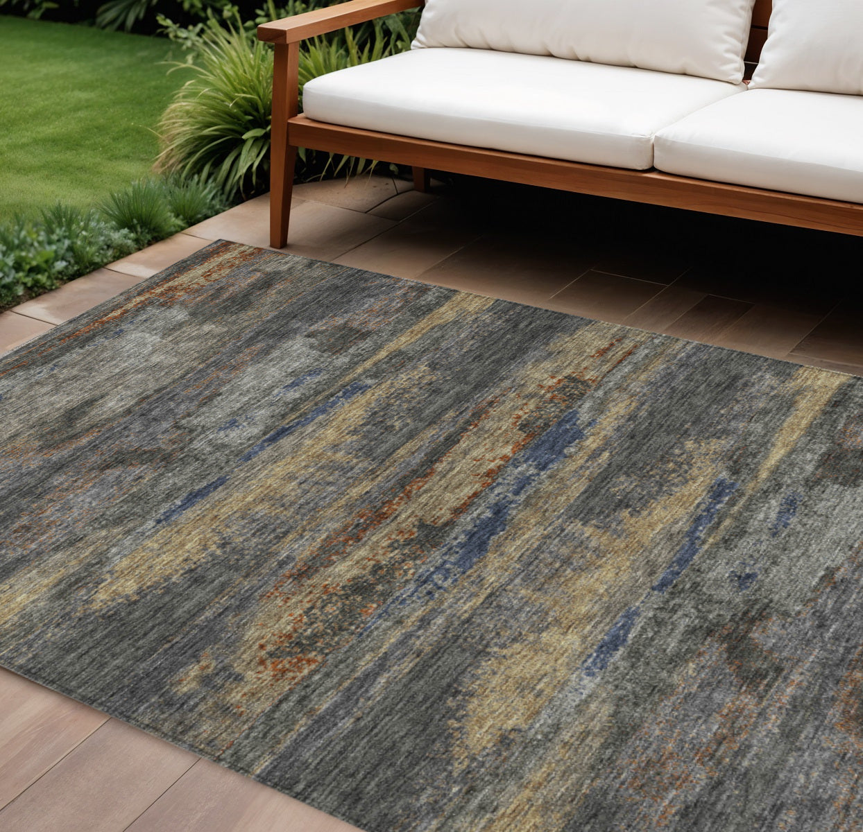 8 X 10 Graphite And Gray Abstract Washable Indoor Outdoor Area Rug