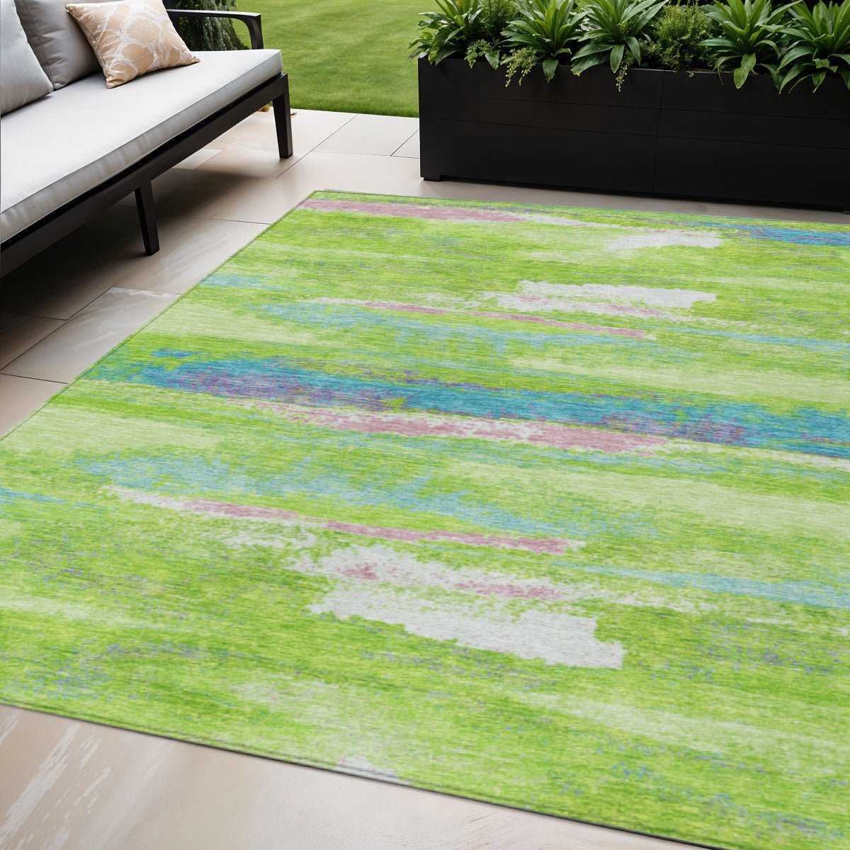 5 X 8 Lime Green And Sky Blue Abstract Washable Indoor Outdoor Area Rug