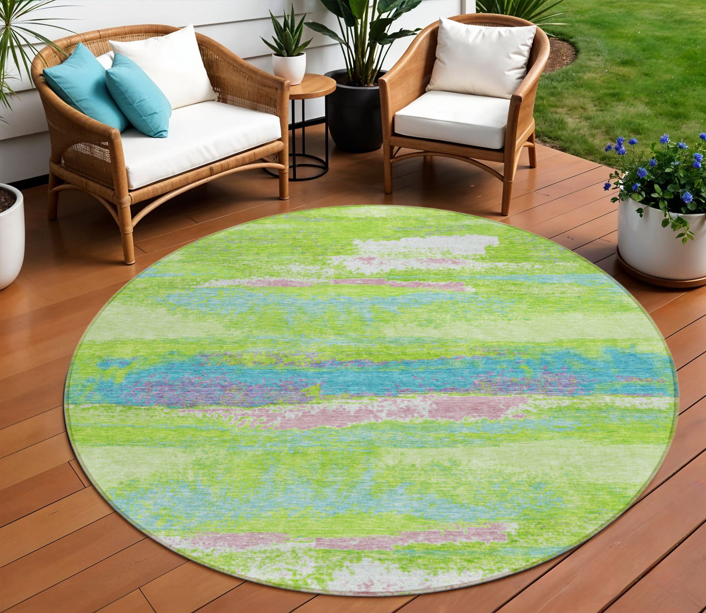 8 Lime Green And Sky Blue Round Abstract Washable Indoor Outdoor Area Rug