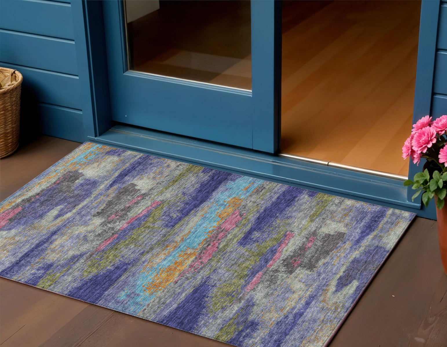 3 X 5 Lavender Pink And Blue Abstract Washable Indoor Outdoor Area Rug