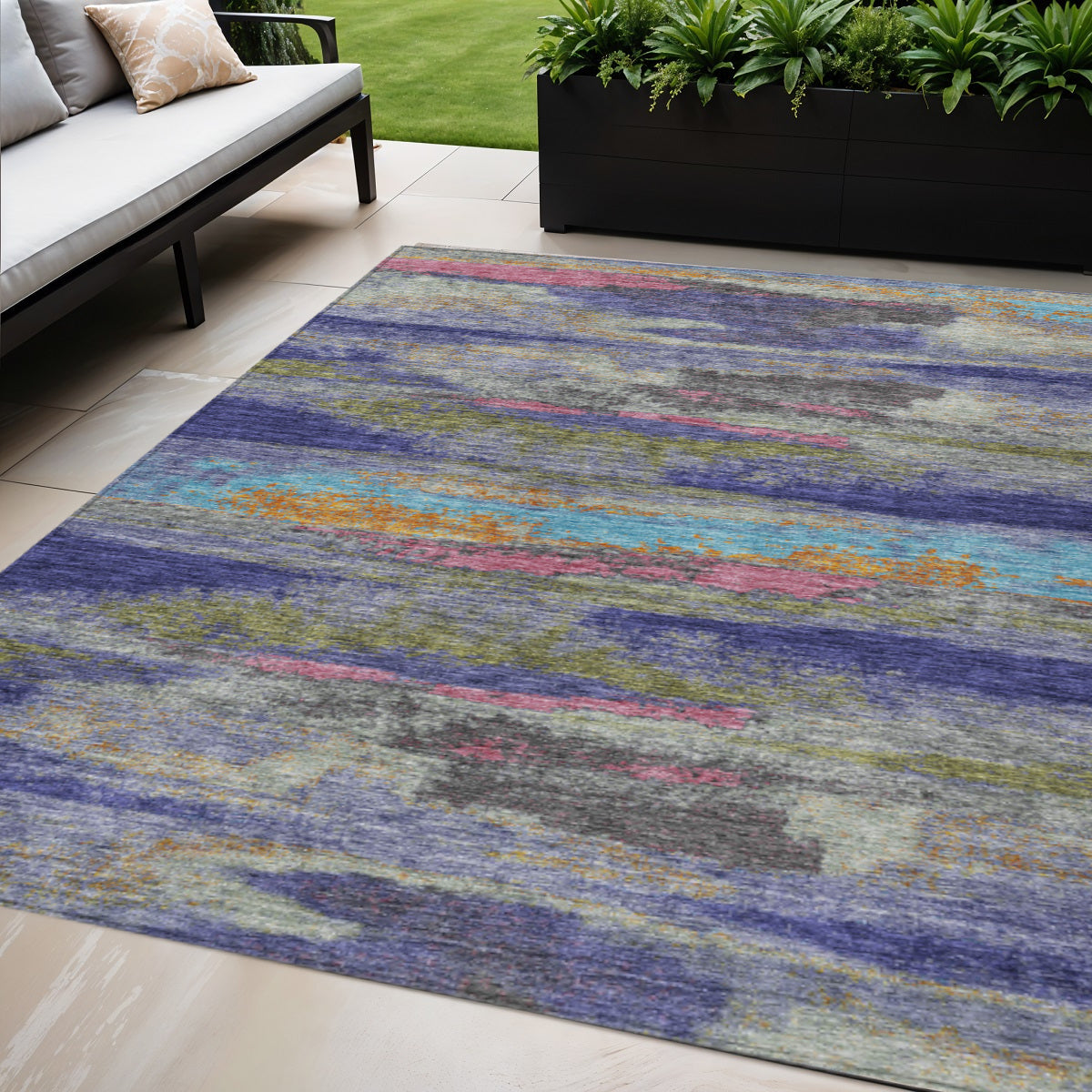 5 X 8 Lavender Pink And Blue Abstract Washable Indoor Outdoor Area Rug