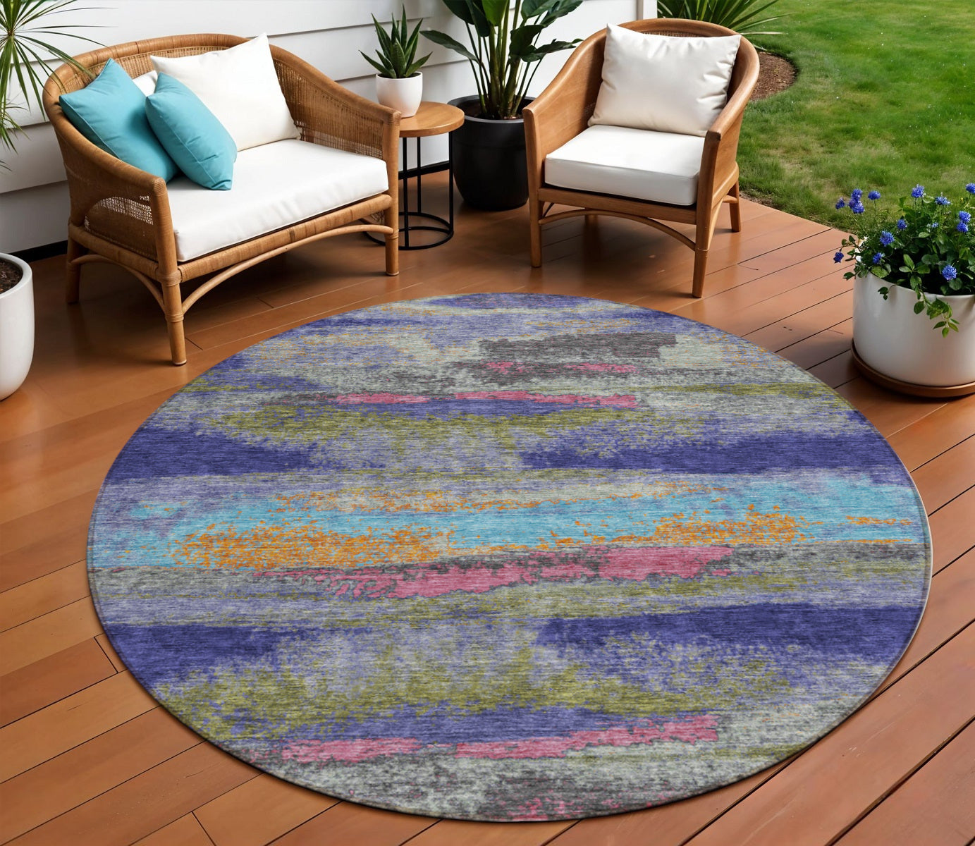 8 Lavender Pink And Blue Round Abstract Washable Indoor Outdoor Area Rug