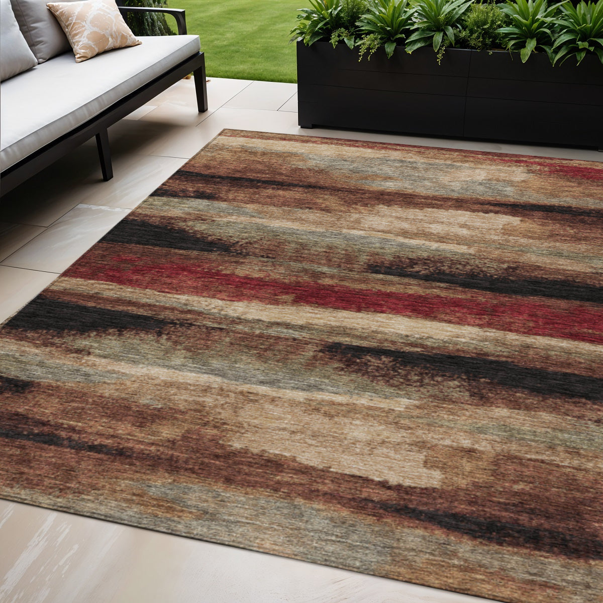 5 X 8 Brown Beige And Burgundy Abstract Washable Indoor Outdoor Area Rug
