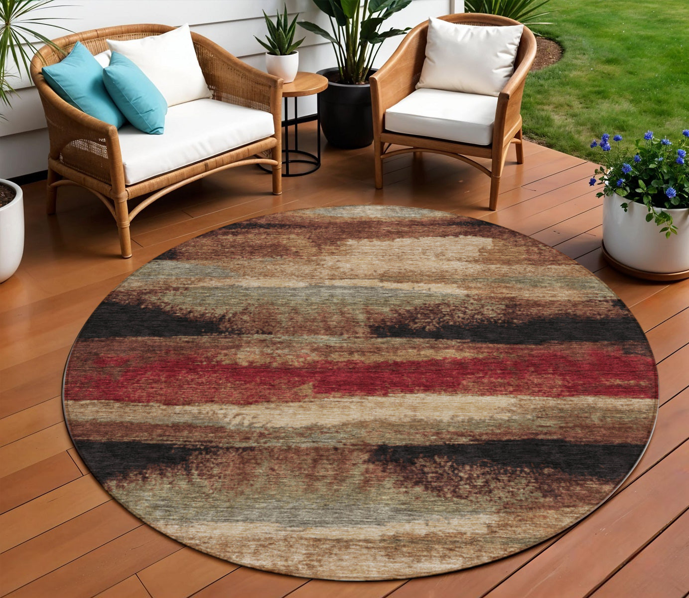 8 Brown Beige And Burgundy Round Abstract Washable Indoor Outdoor Area Rug