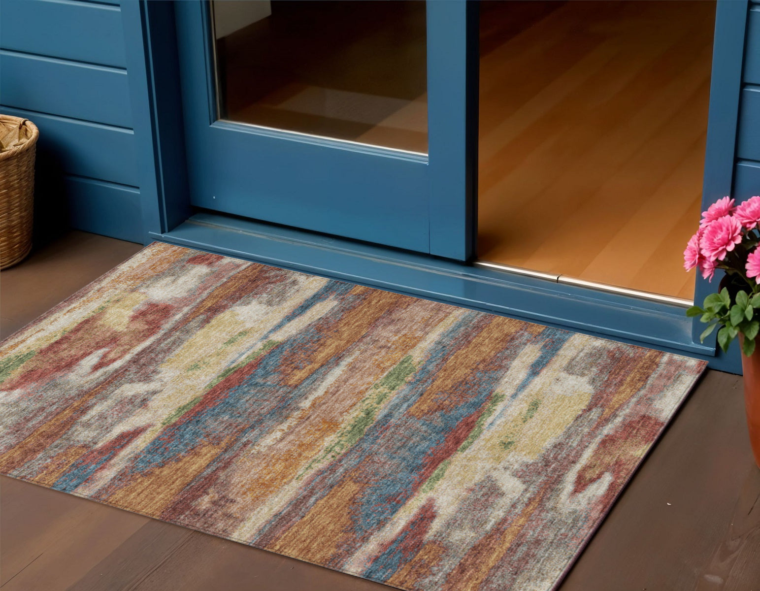3 X 5 Orange Green And Gold Abstract Washable Indoor Outdoor Area Rug