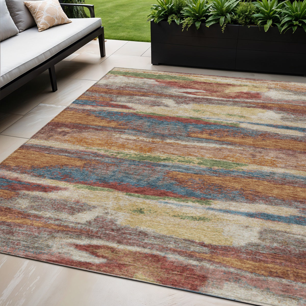 5 X 8 Orange Green And Gold Abstract Washable Indoor Outdoor Area Rug