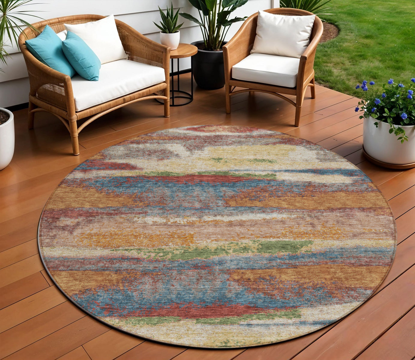8 Orange Green And Gold Round Abstract Washable Indoor Outdoor Area Rug